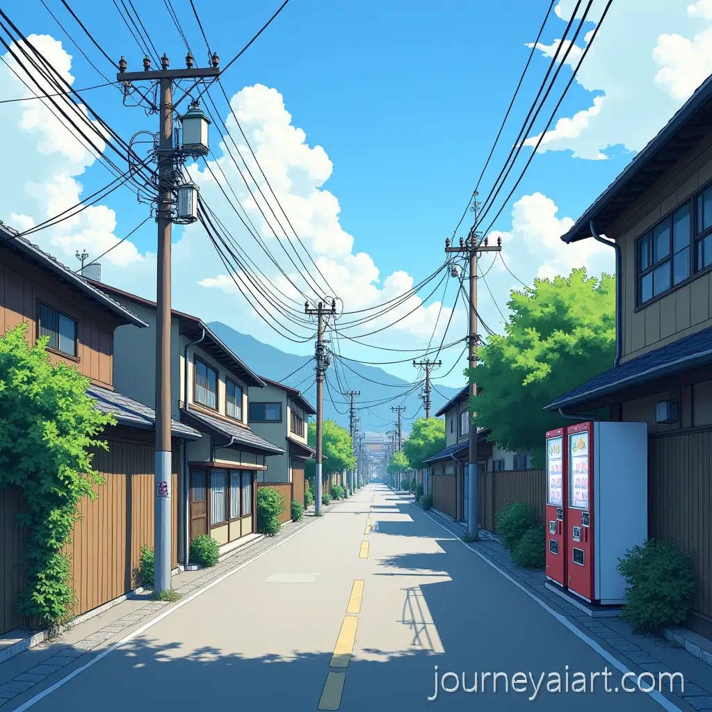Quiet-Japanese-Street-with-Wooden-Houses-and-Vending-Machines-in-Summer-Lighting