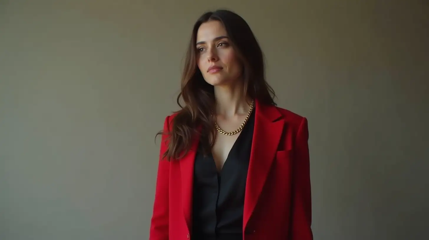 Professional Woman in Red Blazer and Gold Chain Necklace Standing