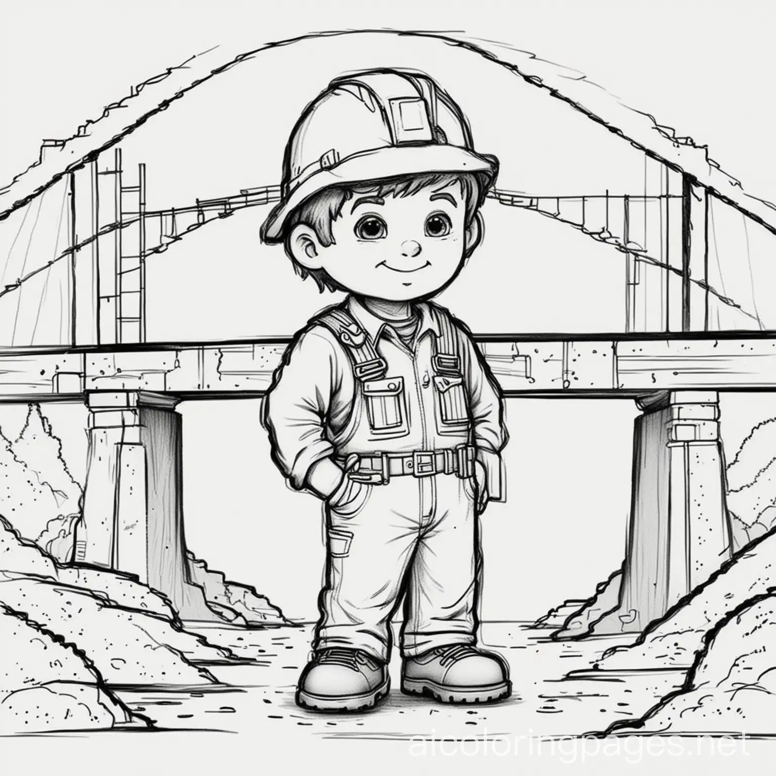 bridge and a builder, Coloring Page, black and white, line art, white background, Simplicity, Ample White Space. The background of the coloring page is plain white to make it easy for young children to color within the lines. The outlines of all the subjects are easy to distinguish, making it simple for kids to color without too much difficulty