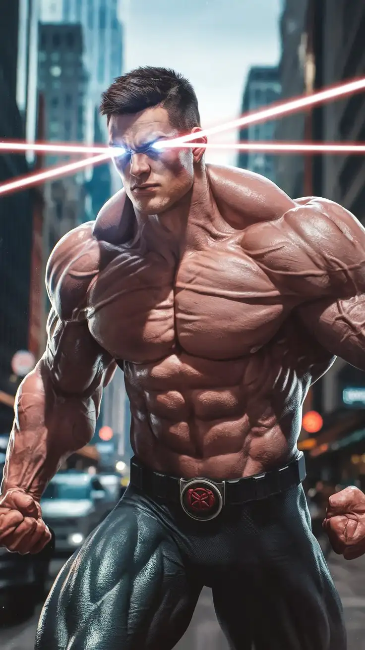 A powerfully muscled, hugely ripped, pumped musclegod superhero shoots lasers from his eyes. 23 years old. Photorealistic.