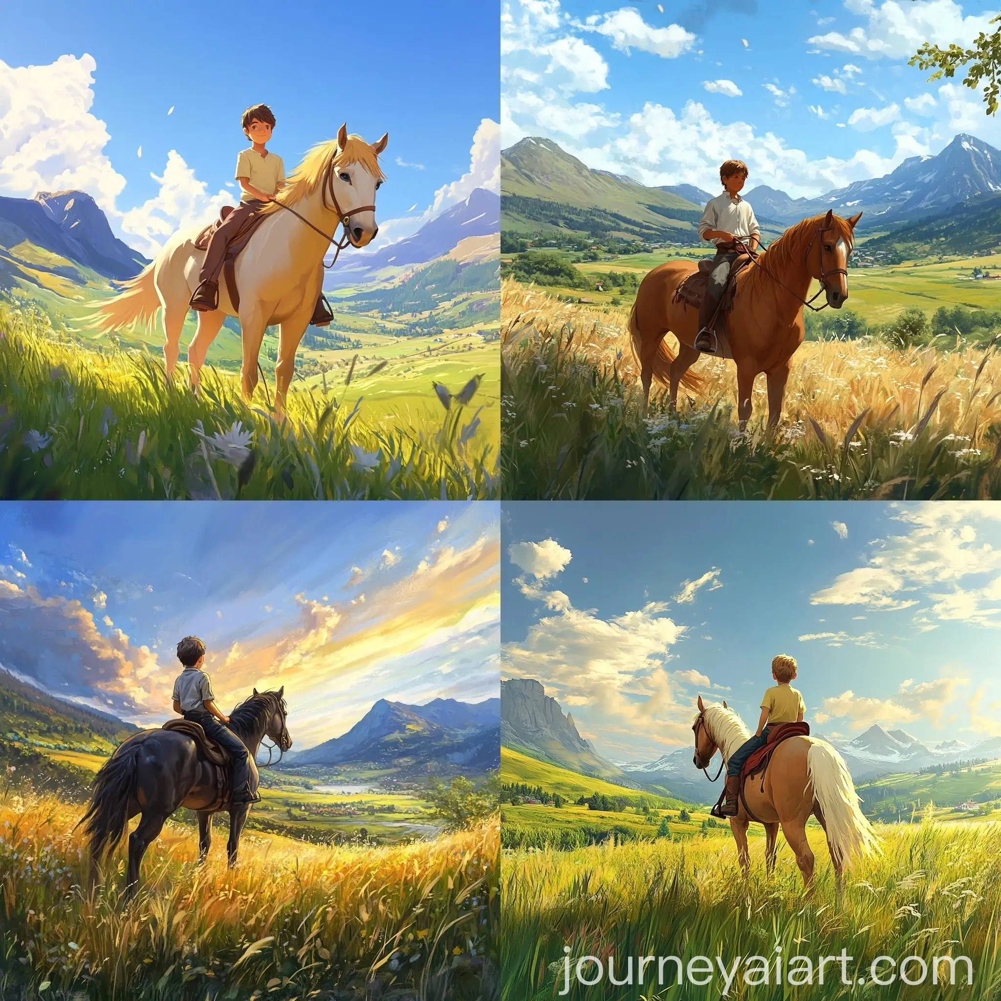 Confident-Young-Boy-Riding-Majestic-Horse-in-Serene-Landscape