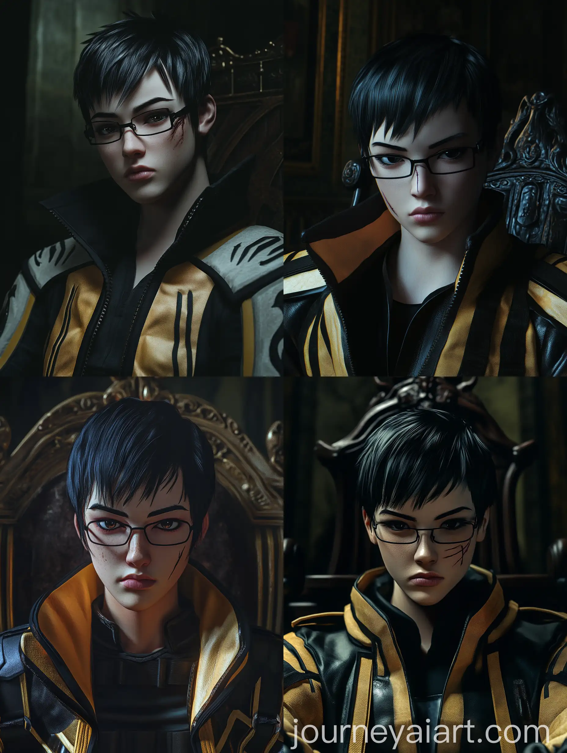 Mysterious-Young-Man-in-Military-Jacket-on-Throne-in-Dark-Hall