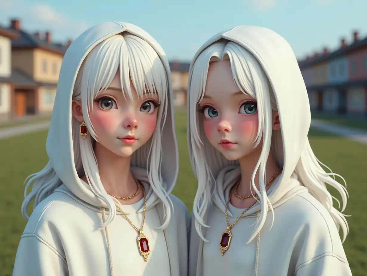 Two white, 13 year old girls with long white hair wearing a white sweatshirt, ruby gold necklace with a slight smile on their face, hood on their head, highlighting their smile, modern jewelry, in a park with many houses in Cyberpunk 8k quality