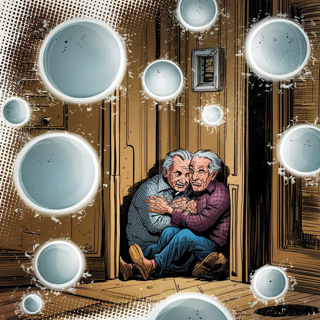 Elderly Couple Terrorized by Small Translucent White Orbs in Comic Book Style Drawing