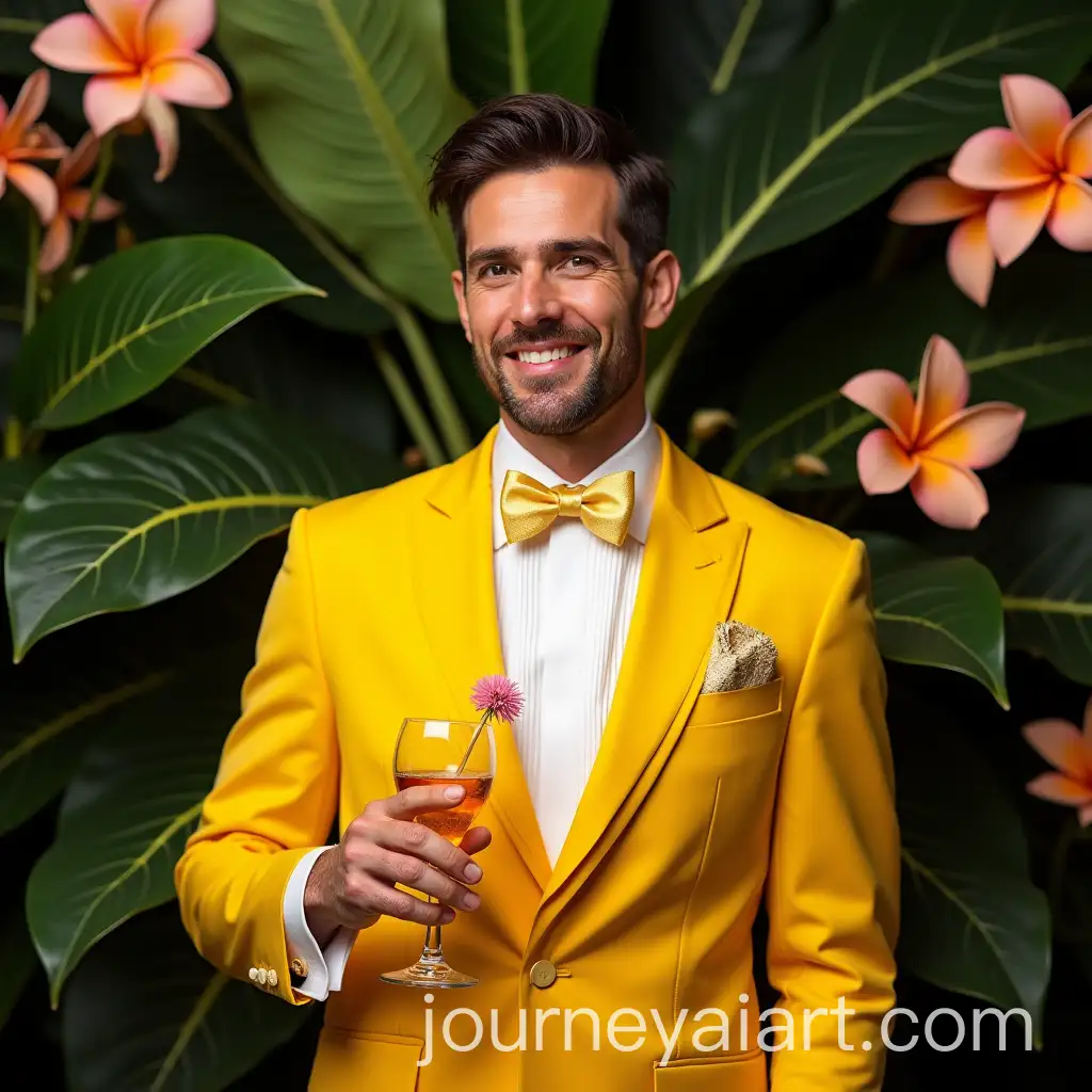 AI-Image-Prompt-ExpansionAdult-Man-in-Yellow-Tuxedo-with-Cocktail-Surrounded-by-Tropical-Flowers-and-Leaves