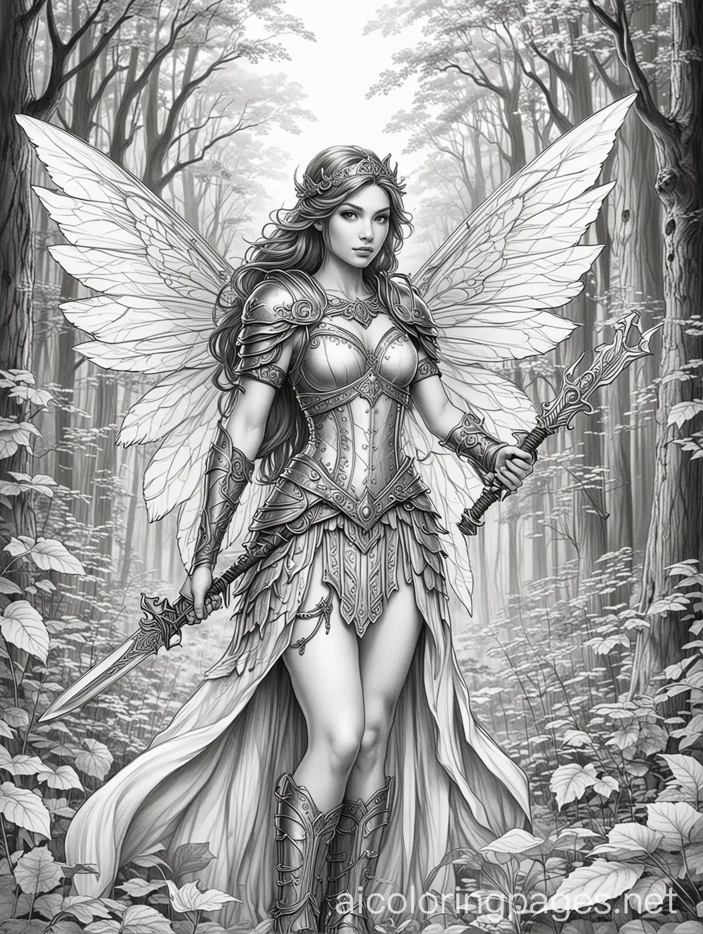 Female-Warrior-Fairy-with-Sword-in-Enchanted-Forest-Coloring-Page