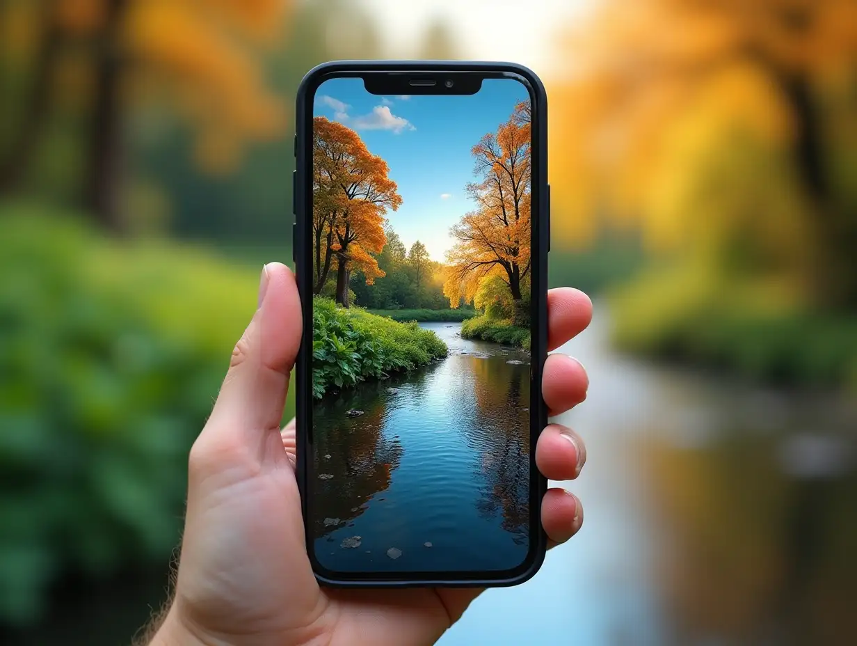 A phone (portrait) facing the camera,  the screen displays a livewallpaper of a beautiful landscape vibrant and colorful including different natural beauty like a garden of eden 