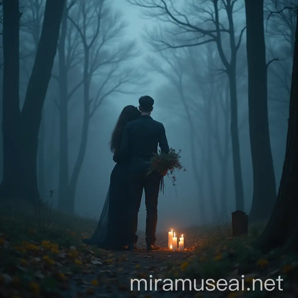 Man in Black Holding Flowers at Grave in Forest Mist