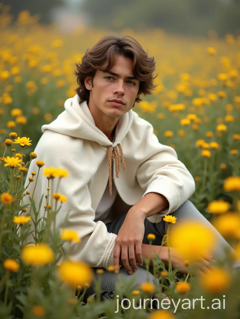 Young-Man-in-White-Cloak-Sitting-in-a-Garden-of-Yellow-Flowers