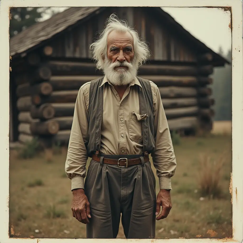 Old Man Huckleberry Finn in Front of Log Cabin