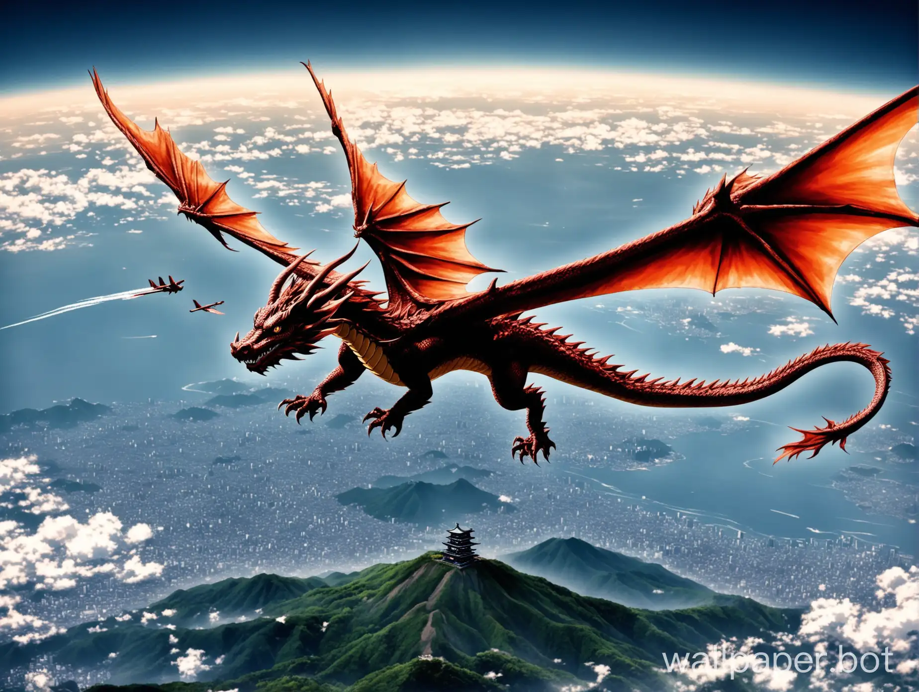 dragon flying over japan