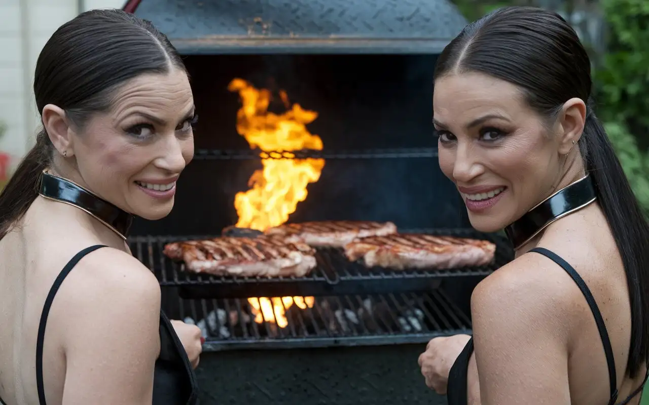 Summer Backyard. Two very beautiful Evil mature smiling latina females with deep necklines and hair slicked back into a ponytail (grills a boy on a large grill:1.5), big hot flame, hot coals, cinematic, photo , 4k