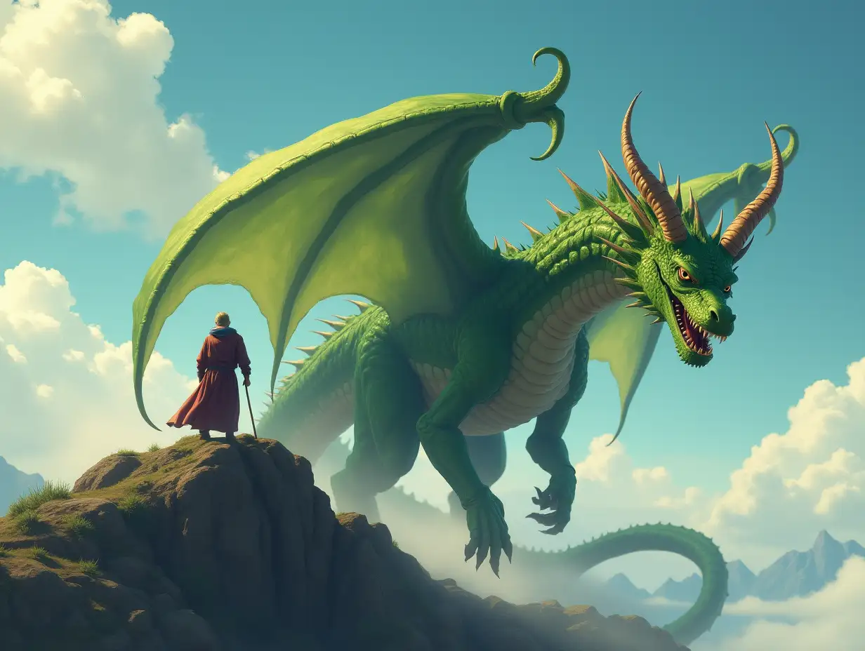 large green dragon and old man on mount agungnmake like animation and make it like poster