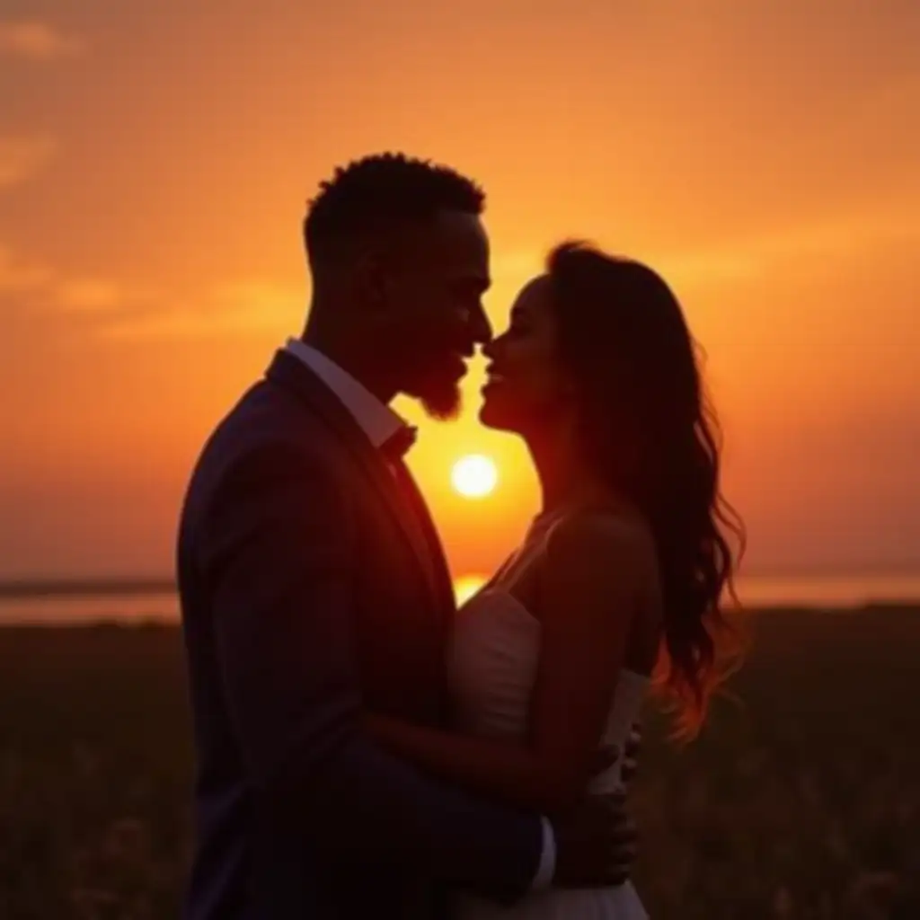 An African American couple in a romantic sunset