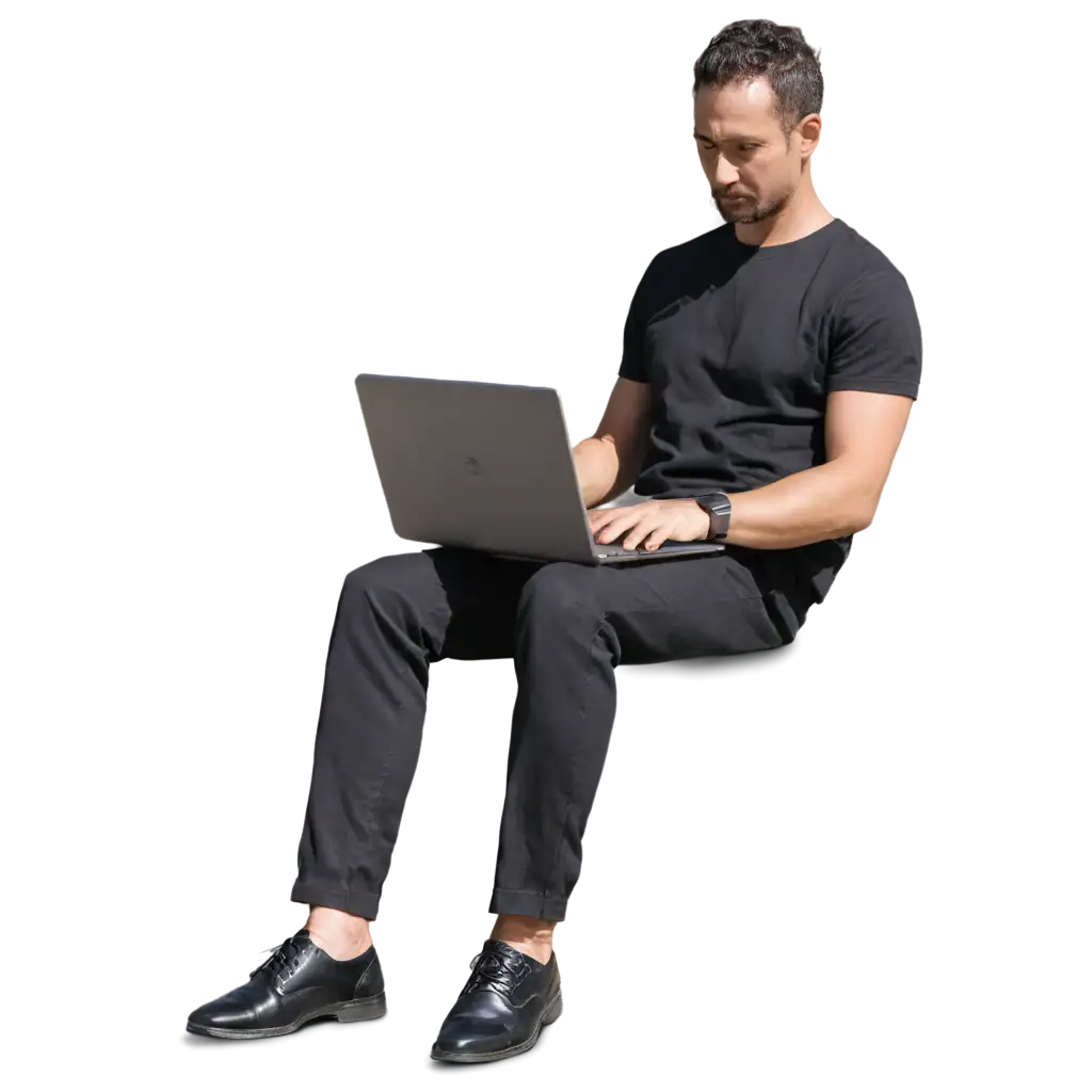 man using laptop without chair