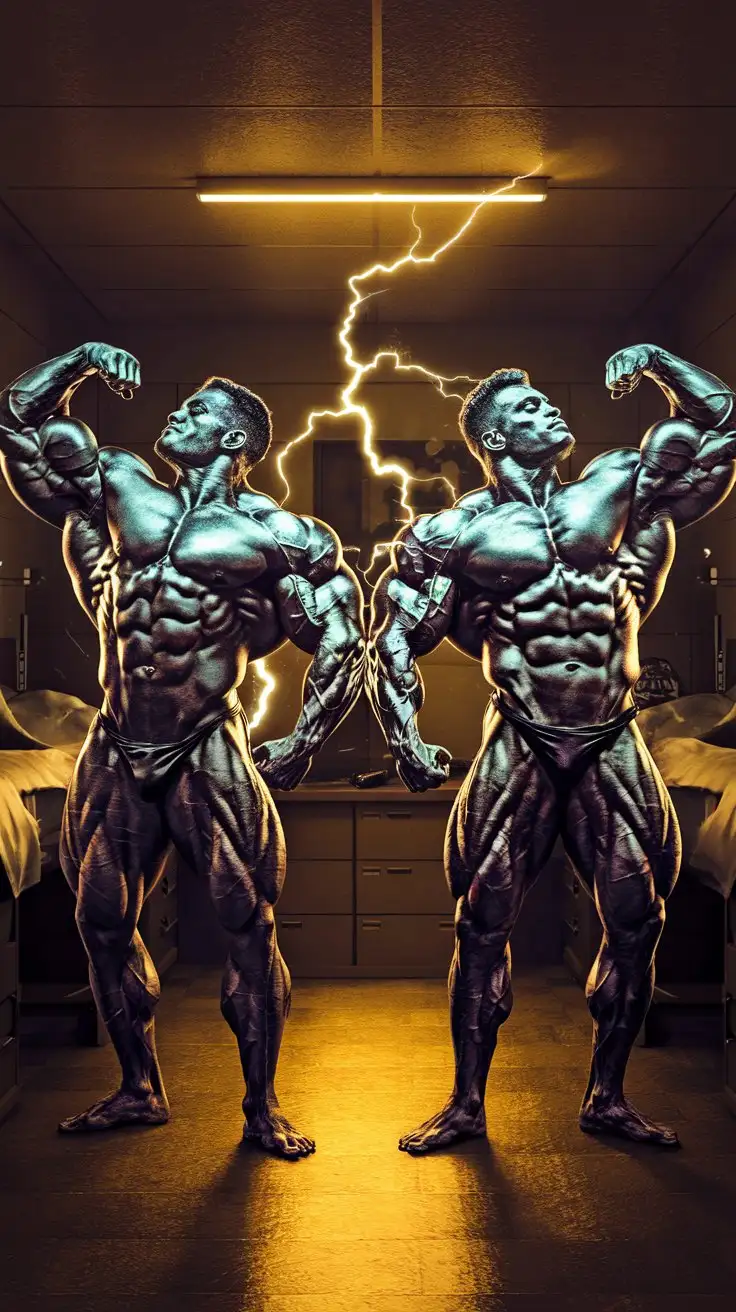 In a dorm room at night. 2 musclegod bodybuilders. Supercharged brawn. Herculean powers. 27 years old. Golden electric glow. Flexing triumphantly. Photorealistic.