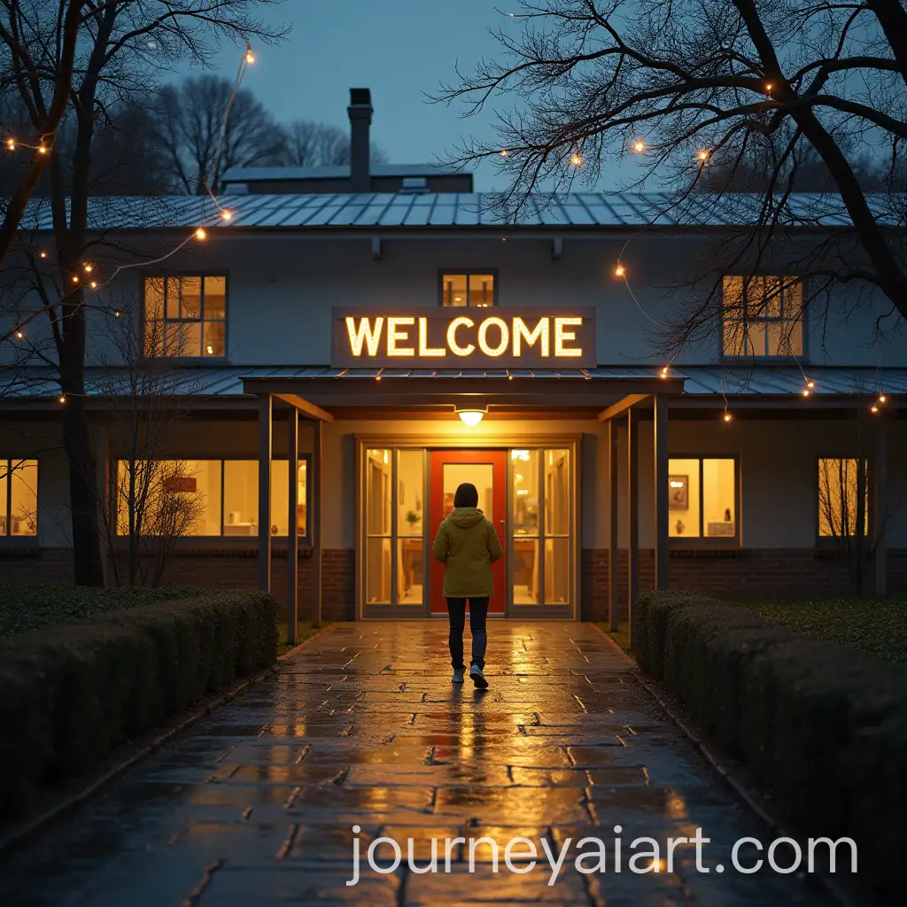 School-Entrance-with-Yellow-Walker-and-Welcome-Sign-Decorated-with-Fairy-Lights