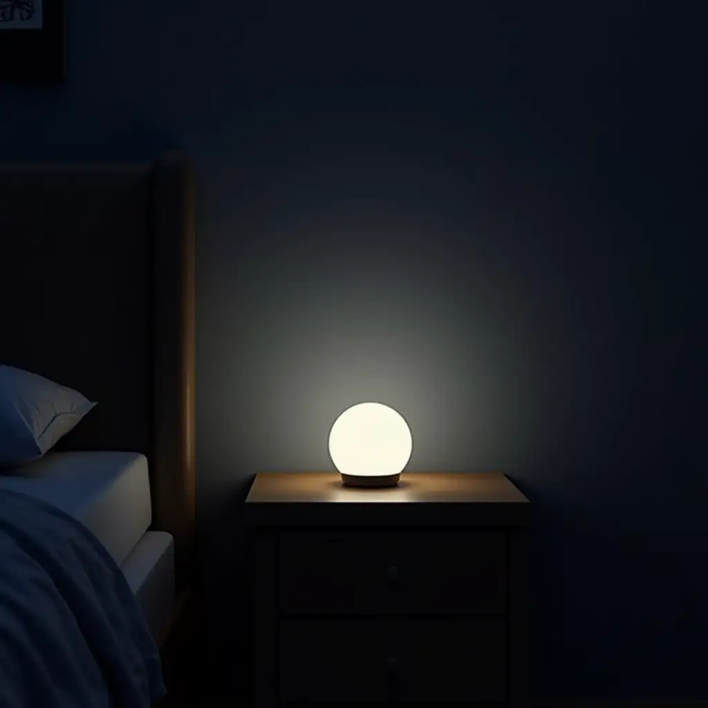 photo of a round lamp on a nightstand that illuminates in the color you want and at night