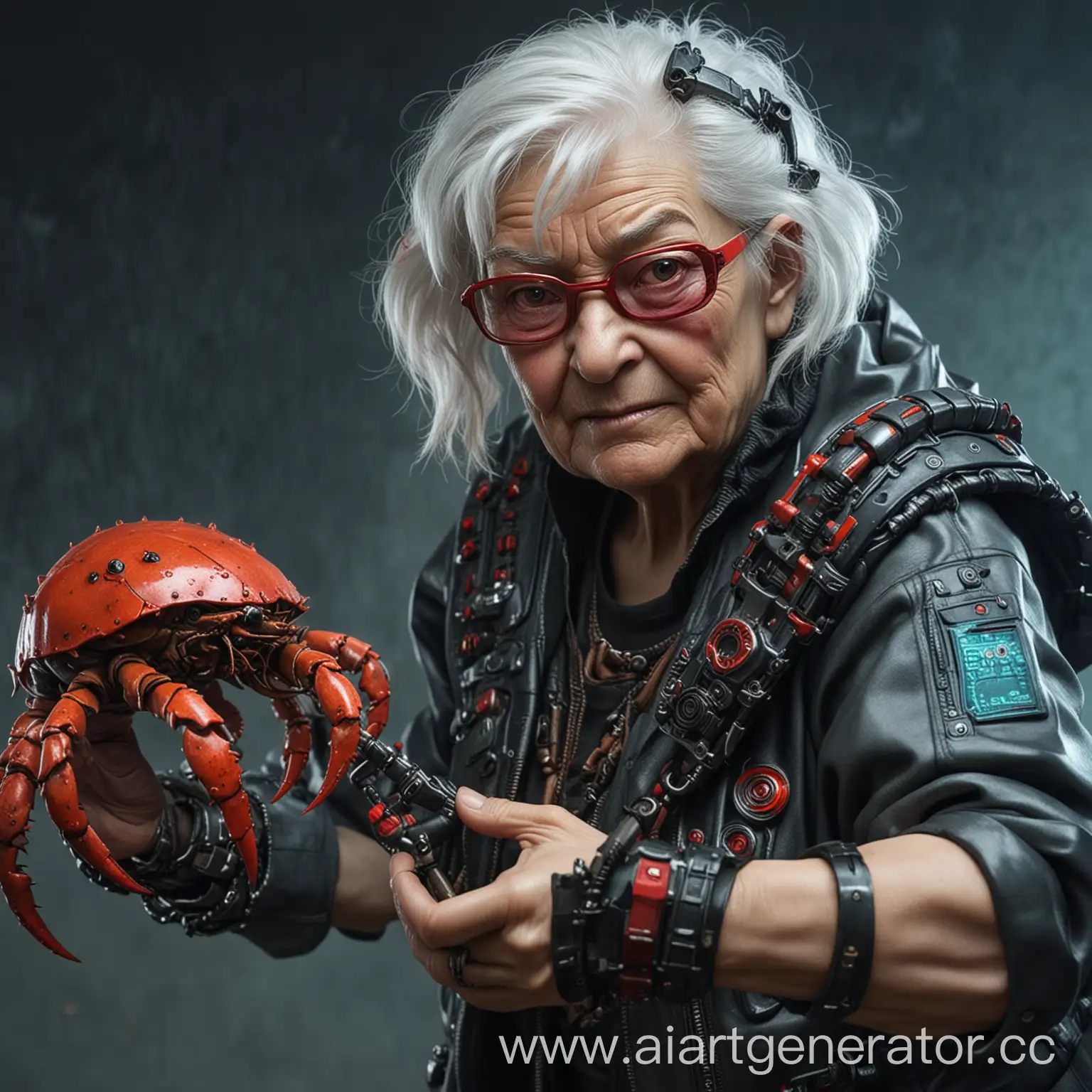 Grandma in cyberpunk clothes squeezes the claw of an armed crab