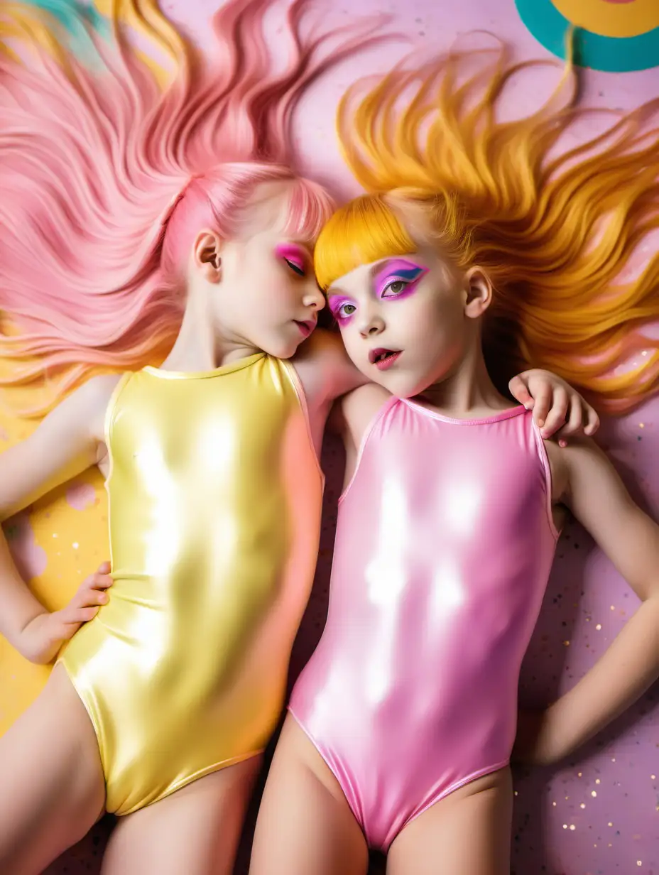 Two-Playful-10YearOld-Girls-with-Long-Pink-and-Yellow-Hair-in-Psychedelic-Leotards