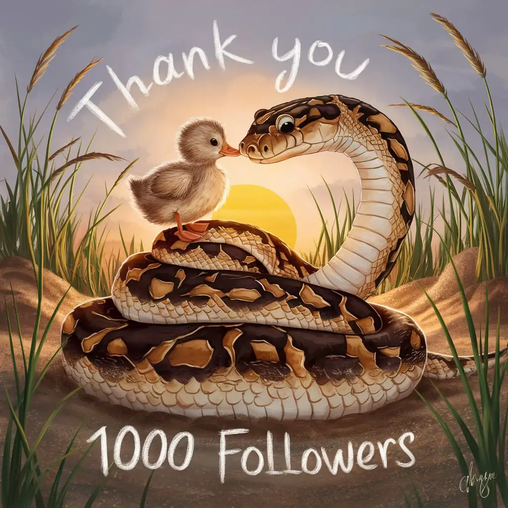 words 'thank you for 1000 followers' , background adorable photography of fuzzy duckling sitting on snake's head, on a sand between a tall grass, sunset back light