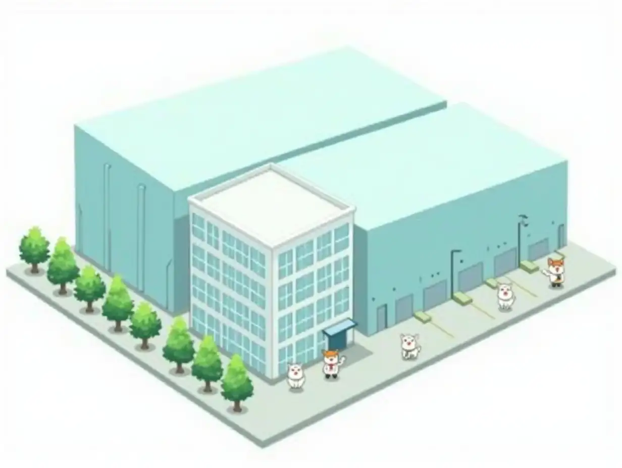 very long and tall rectangular industrial warehouses with blank walls of light blue with a green tint are arranged in a row on one line, in front of them in the center is one square white office building with many windows on the facade, in front of the building is a parking lot, trees and small white cats dressed as office staff, Sticker design - top view, high resolution, vector graphics, white background, anime-style coloring