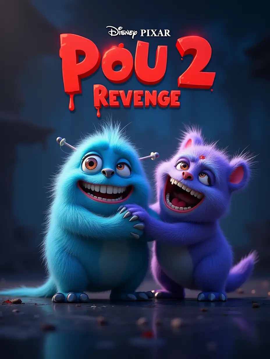 a poster of the pou 2 movie: revenge in pixar style with pou smiling and dou in the background. with the disney.pixar title both pou and dou are from their video games and their eyes bleed and are scary