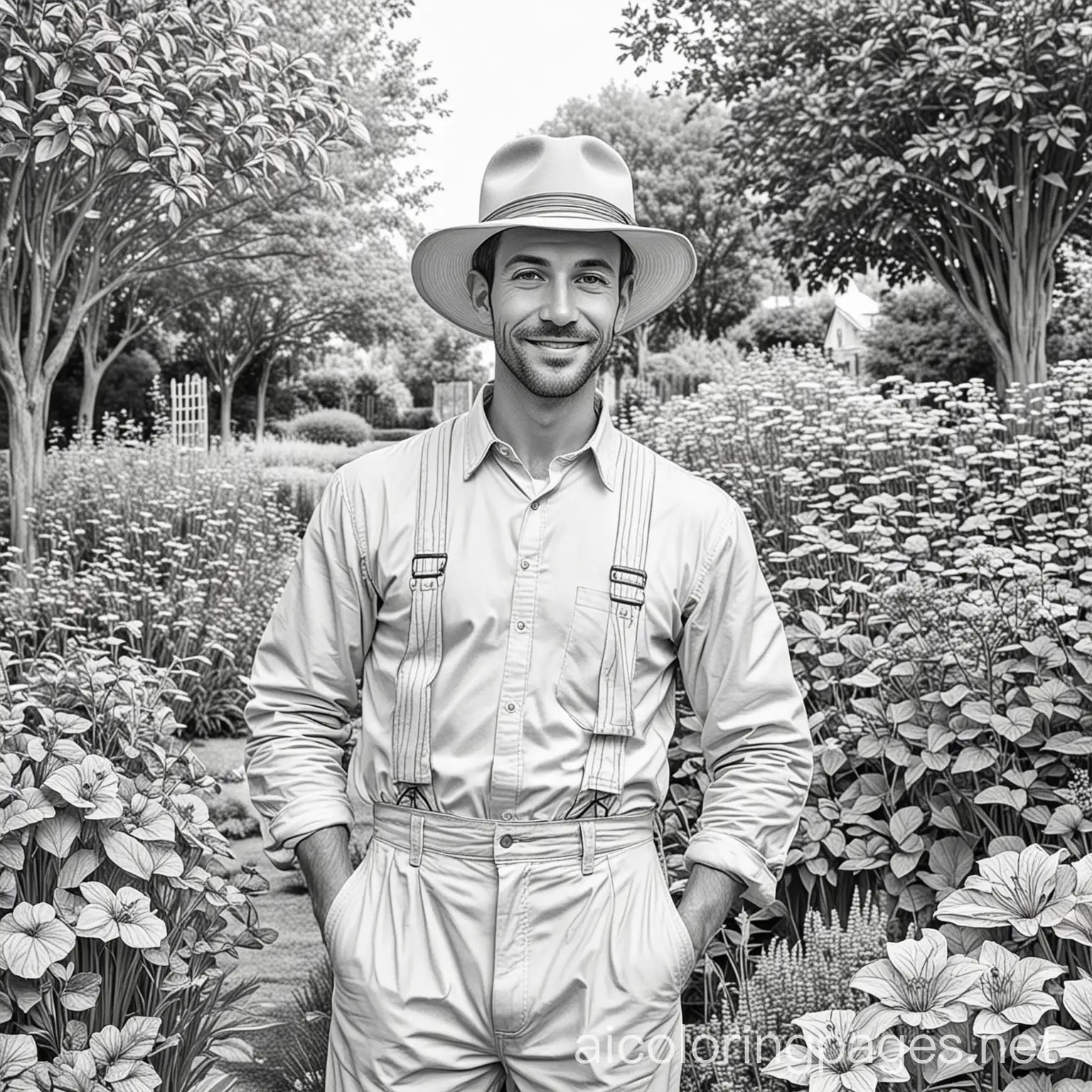 a full size potrait of a man in garden, Coloring Page, black and white, line art, white background, Simplicity, Ample White Space. The background of the coloring page is plain white to make it easy for young children to color within the lines. The outlines of all the subjects are easy to distinguish, making it simple for kids to color without too much difficulty