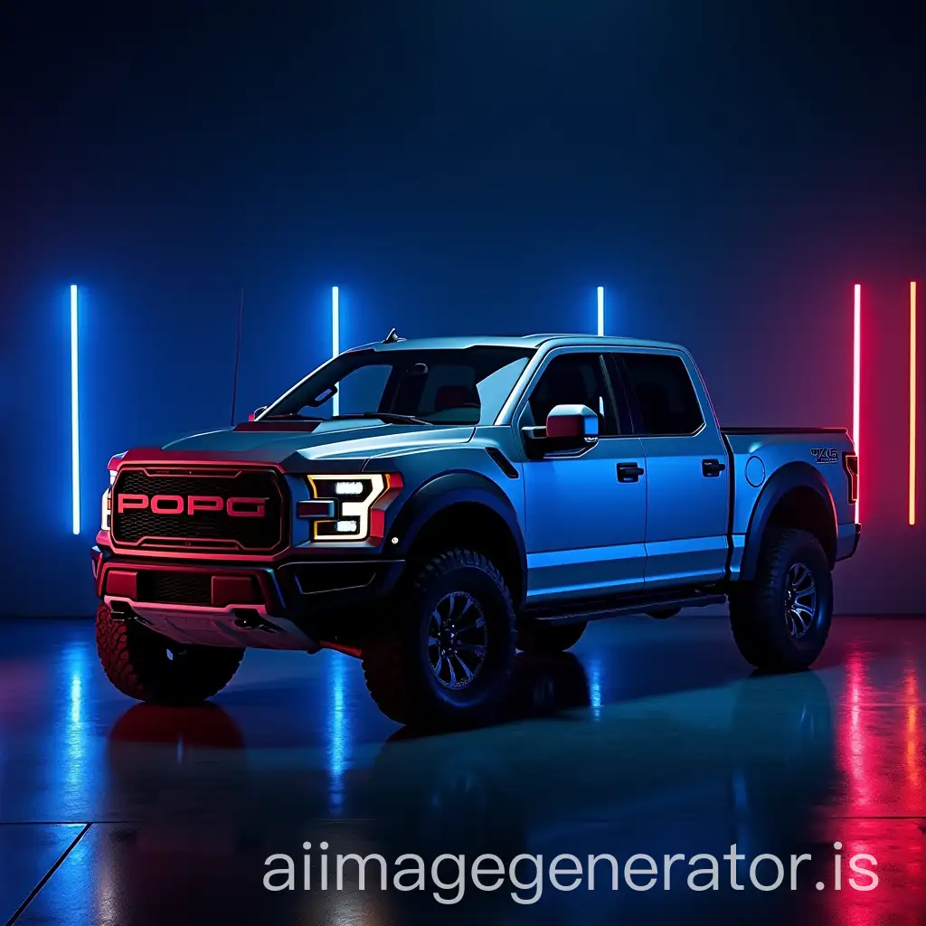 gray metallic pickup truck in a dark room with bright blue and red LEDs background