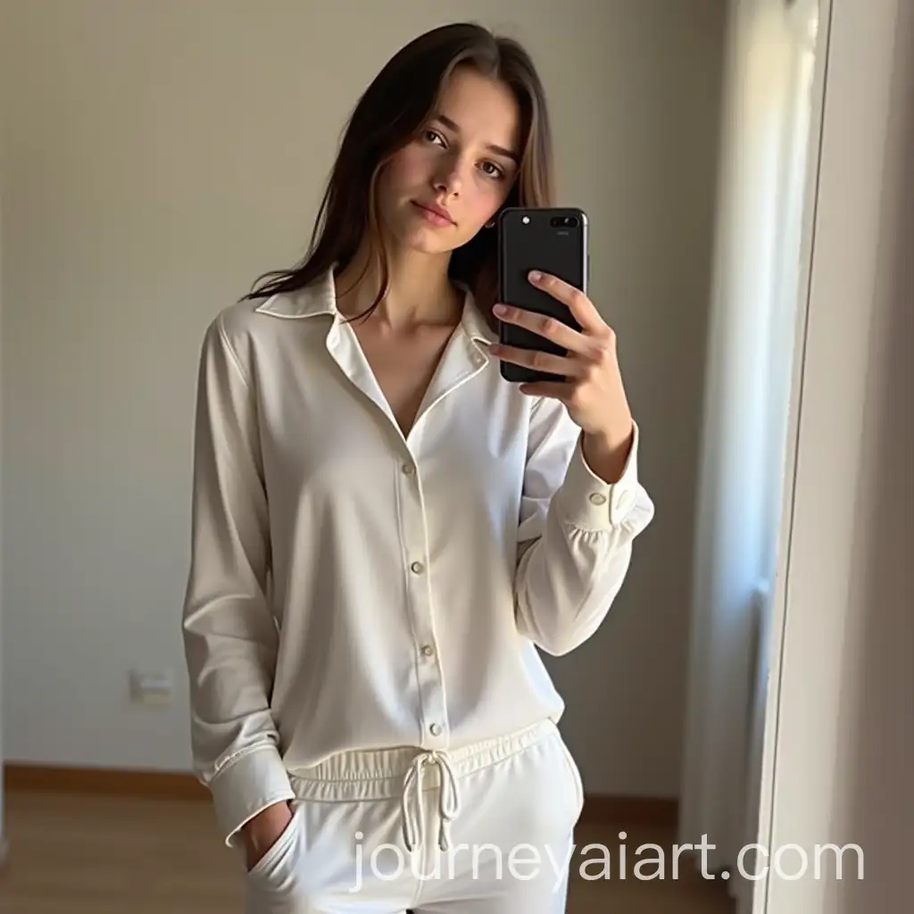 16YearOld-Israeli-Girl-Taking-Mirror-Selfie-in-White-Shirt-and-Loose-Pajama-Pants
