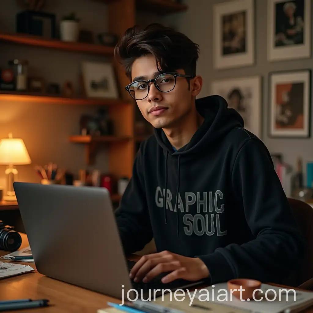Young-South-Asian-Man-Working-on-Laptop-in-Artistic-Workspace-with-Warm-Lighting