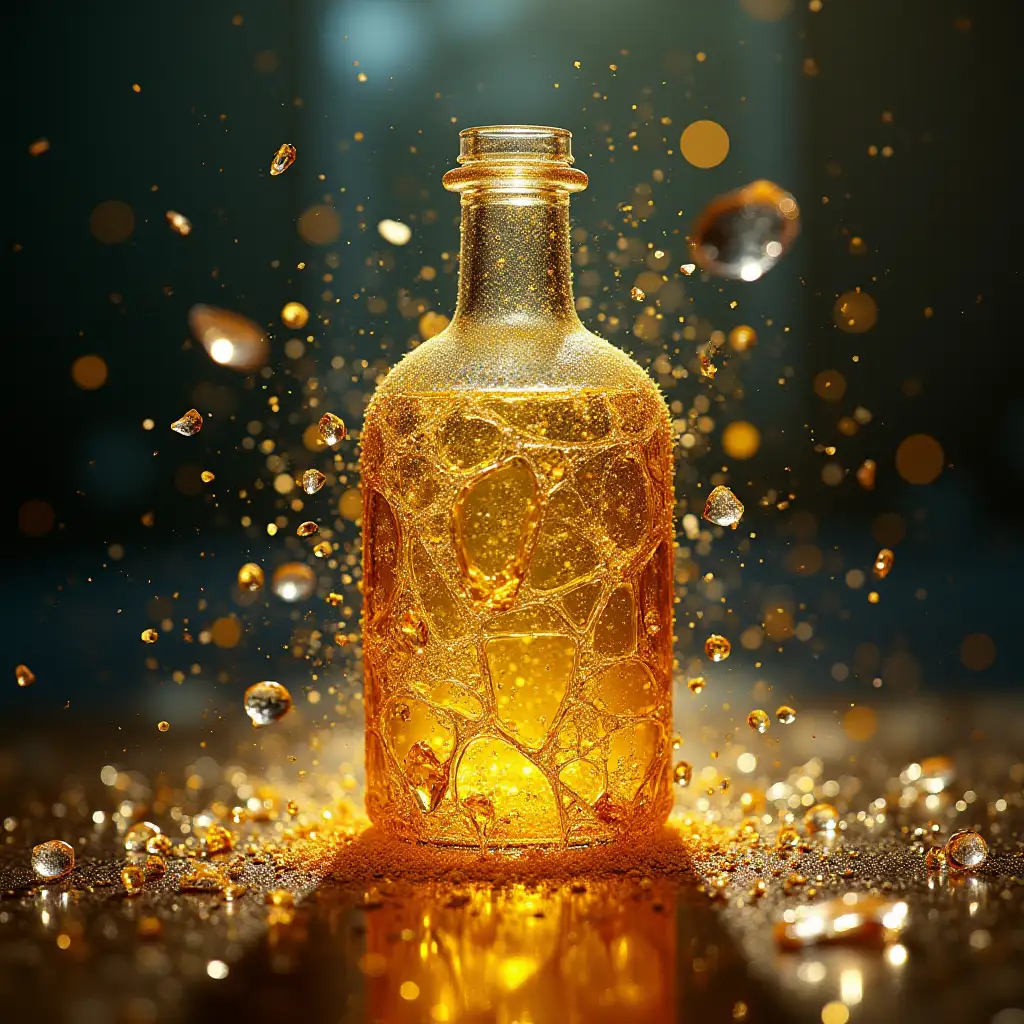 masterpiece, Broken glass fragile bottle bursts, glass fragments, shattered fragments reflecting vibrant hues, yellow dust, flying small fragments, caught in an ethereal light, realism, beautiful, filigree