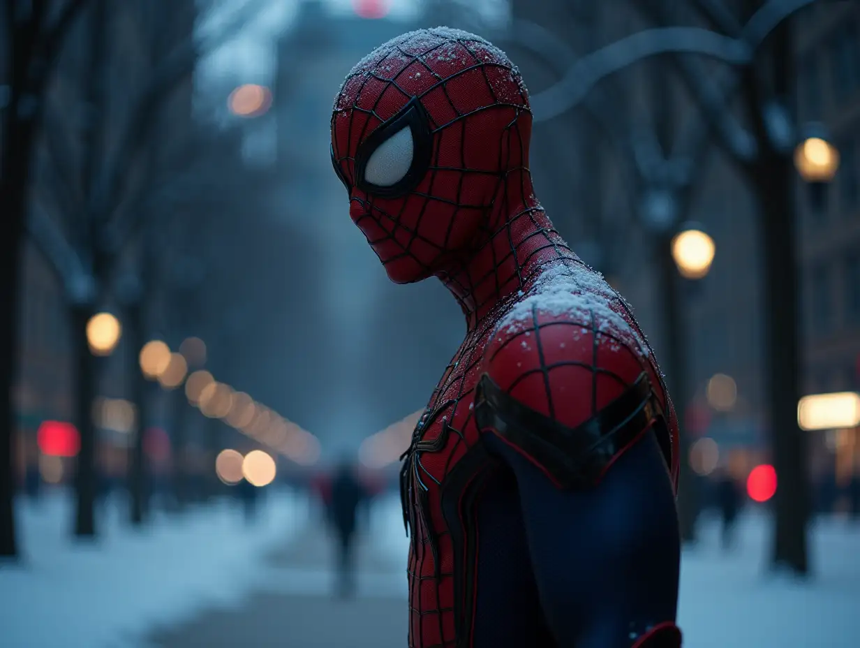 Spiderman (2099 suit) is standing in Central Park, Night, Winter, much Snow, sad