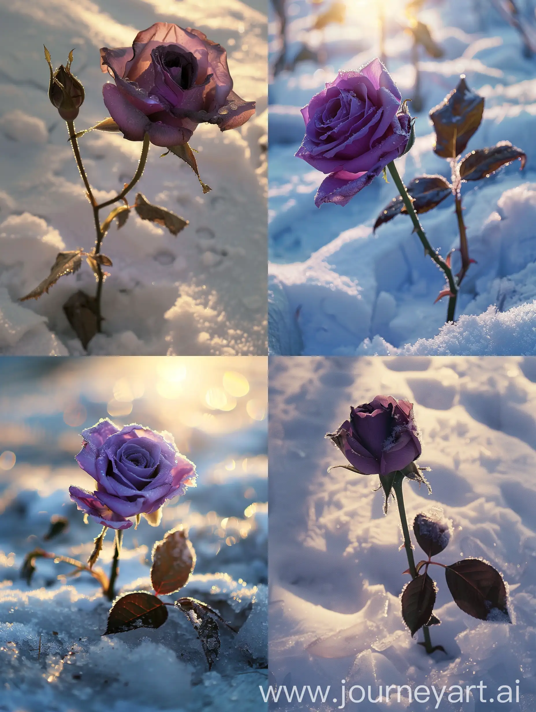 Purple-Rose-with-Stem-and-Leaves-on-Snow-in-Sunlight