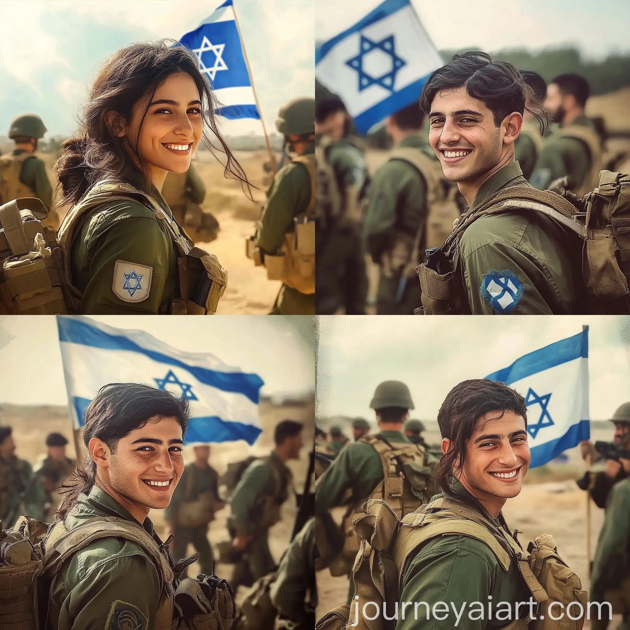 Israeli-Soldier-Smiling-Gracefully-in-IDF-Uniform-with-Flag-and-Comrades