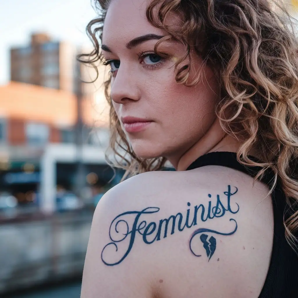 Feminist Curly Script Tattoo with Broken Heart on Womans Shoulder