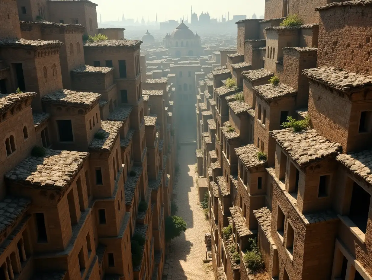 Labyrinthine-Ancient-City-with-Flying-and-Reversed-Buildings