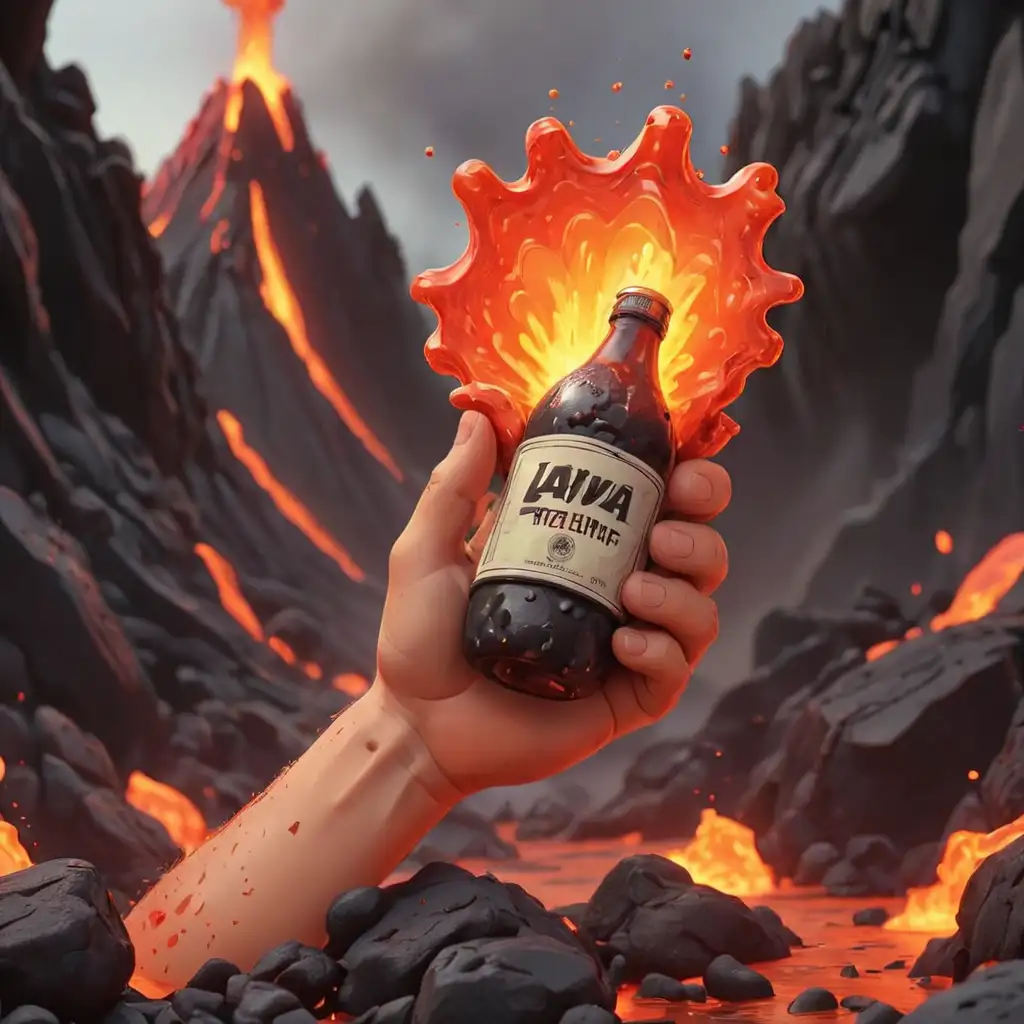 Cartoon-Hand-Emerges-from-Lava-Holding-a-Bottle