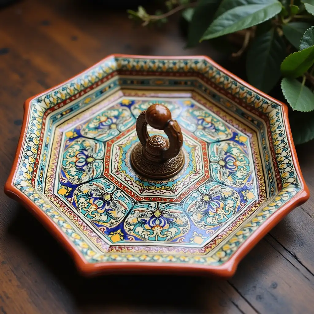 Octagonal with rounded corners ceramic serving dish with embossed beautiful handle,Fine art, Hyper detailed,Antique and old, Qajar art, Iranian Tabriz carpet design