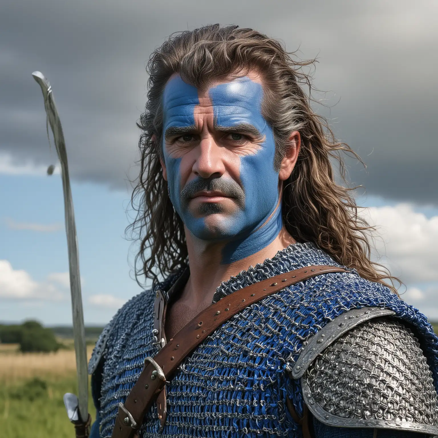 Front view from slightly to the side: a Scottish warrior with the face of Mel Gibson, the right half of his face painted entirely blue. Long hair. Chainmail. A Scotch whip is slung over his shoulder. In the background is a field and sky.