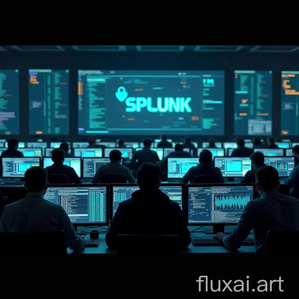 A security operations center, many screens, desks with analysts, the word SPLUNK is on all screens