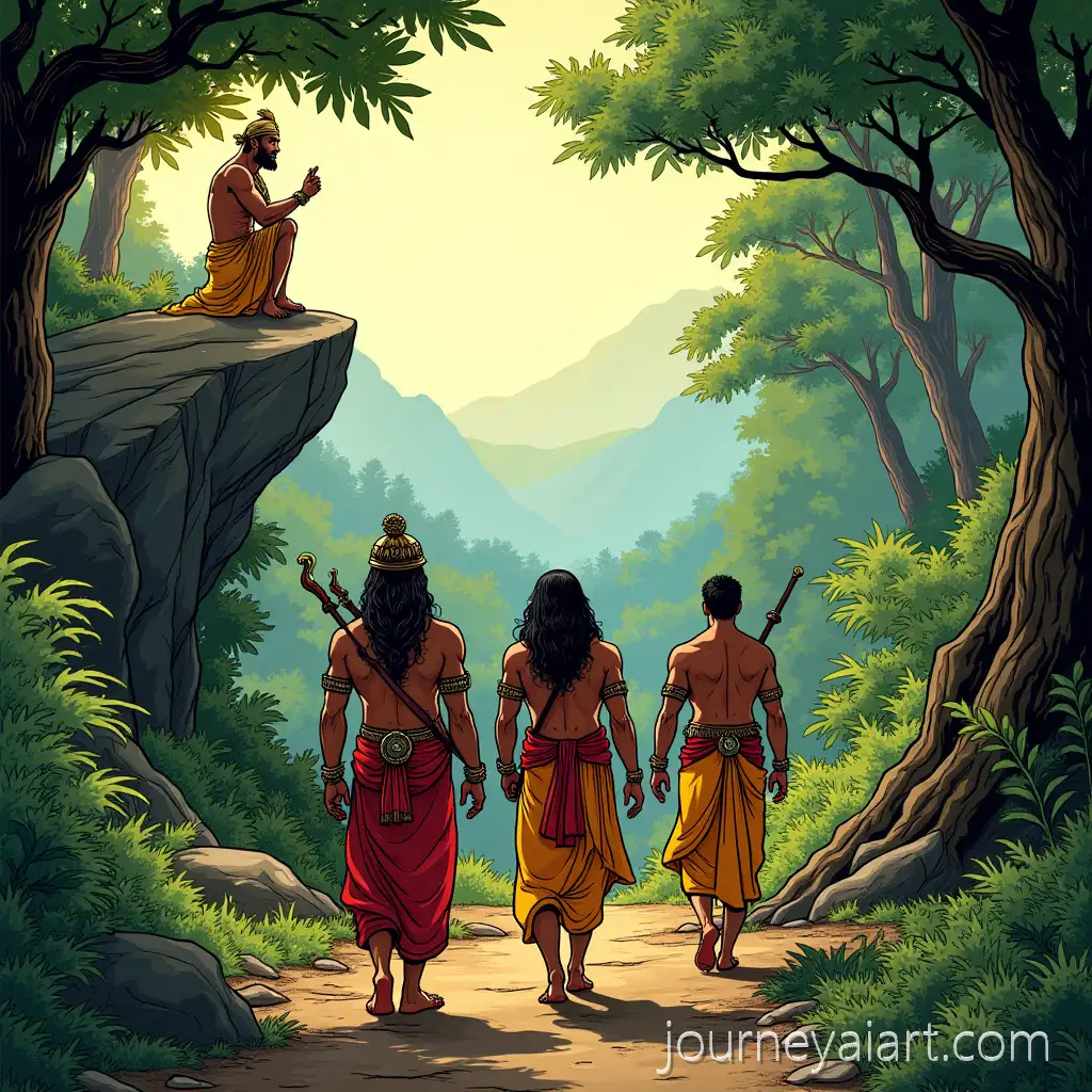 Shree-Ram-and-Lakshmana-Walking-Through-Forested-Mountains-of-Kishkindha-with-Hidden-Hanuman-in-Comic-Book-Style