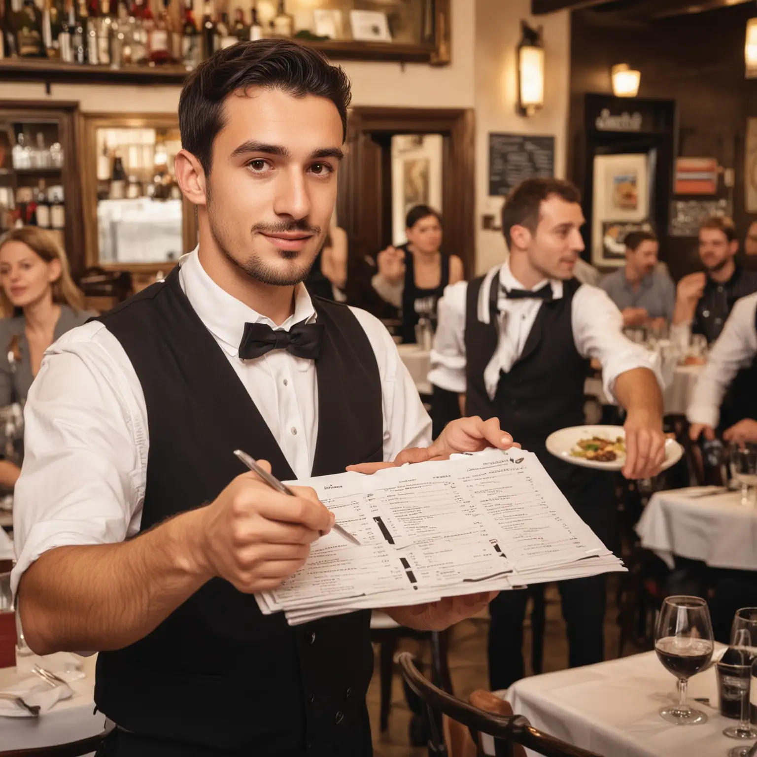 Busy French Bistro Waiter Recommending Menu Special to Diners