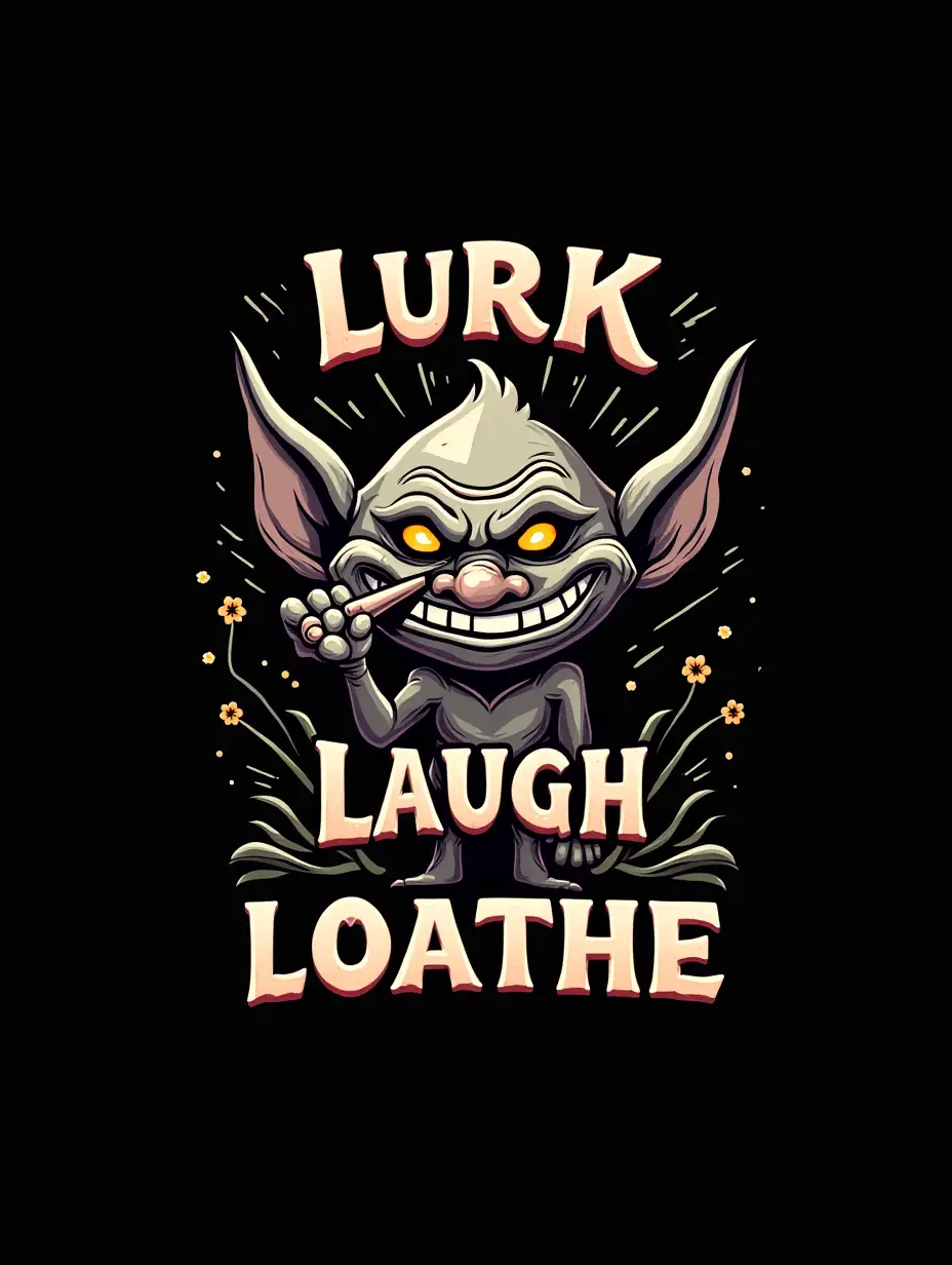 A graphic design of a nasty troll poking its nose and smiling in front of the text 'Lurk, Laugh, Loathe' on a black backdrop by huygens