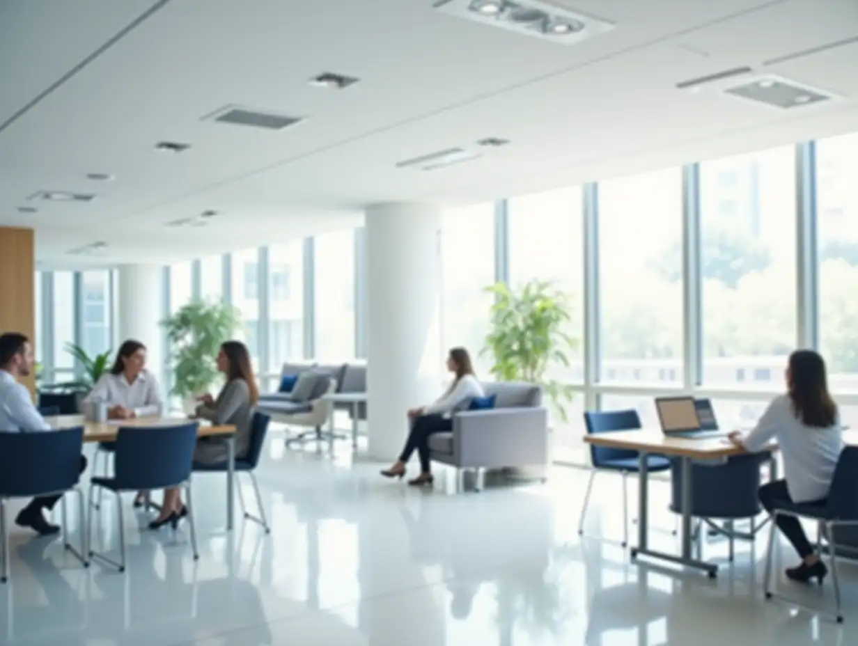 Desktop background for video conferencing showing a nice office room covered in bright light, modern furniture and white walls and ceiling, large room viewed from a sitting position, no people.