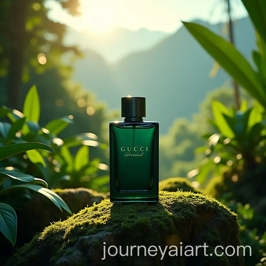 Gucci-Perfume-Bottle-on-Mossy-Rock-in-Tropical-Jungle-Setting
