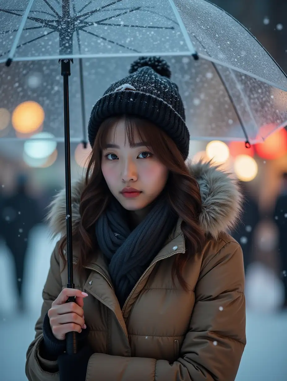 beautiful Korean woman, with snow falling,holding umbrella,look down, winter background, sparkling lights