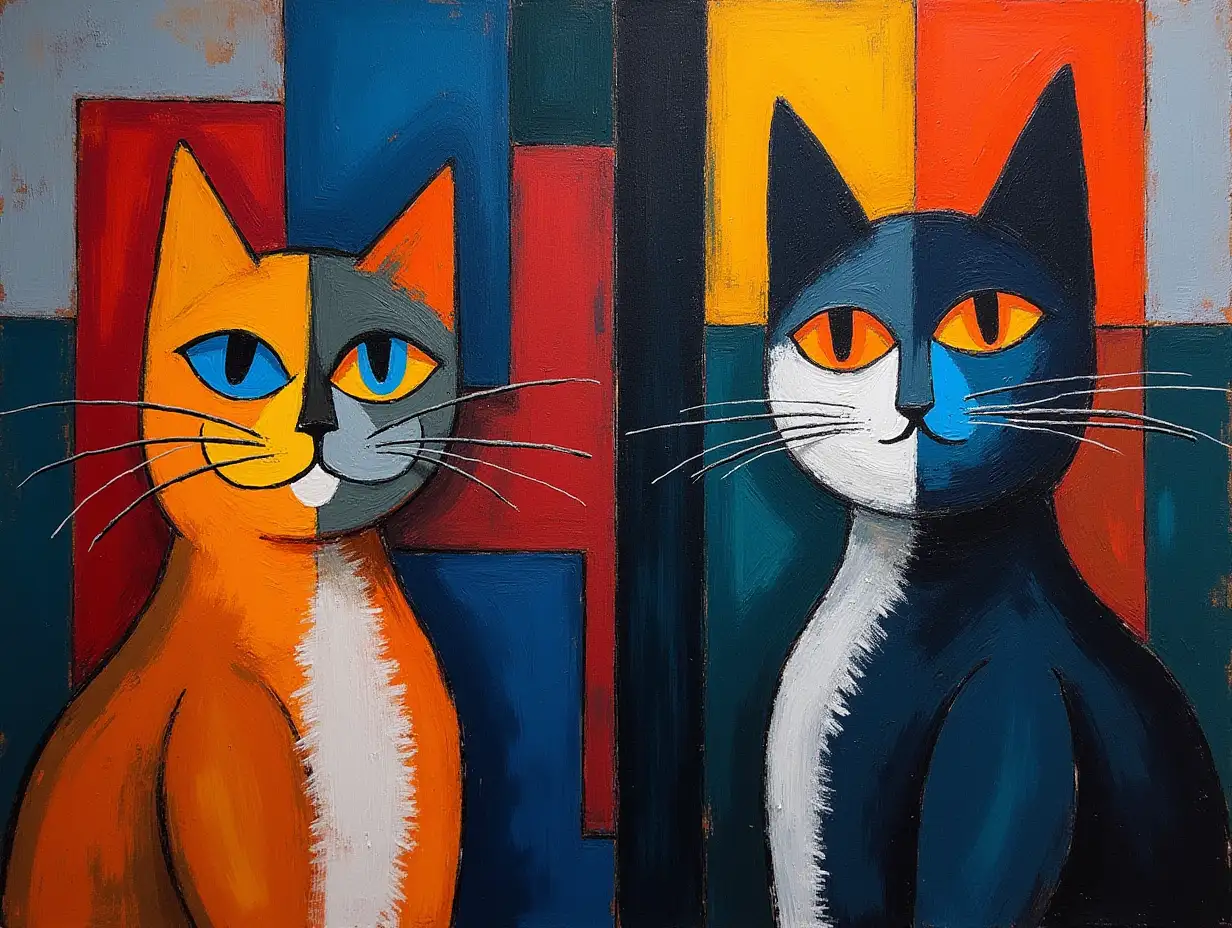 user_prompt: A checkerboard, striped, primitively schematic painting of two cat portraits in the dark style of Kandinsky, Malevich, minimalism, simplified for a beginning acrylic artist with many colors, constructivism abstractionism, rather gloomy