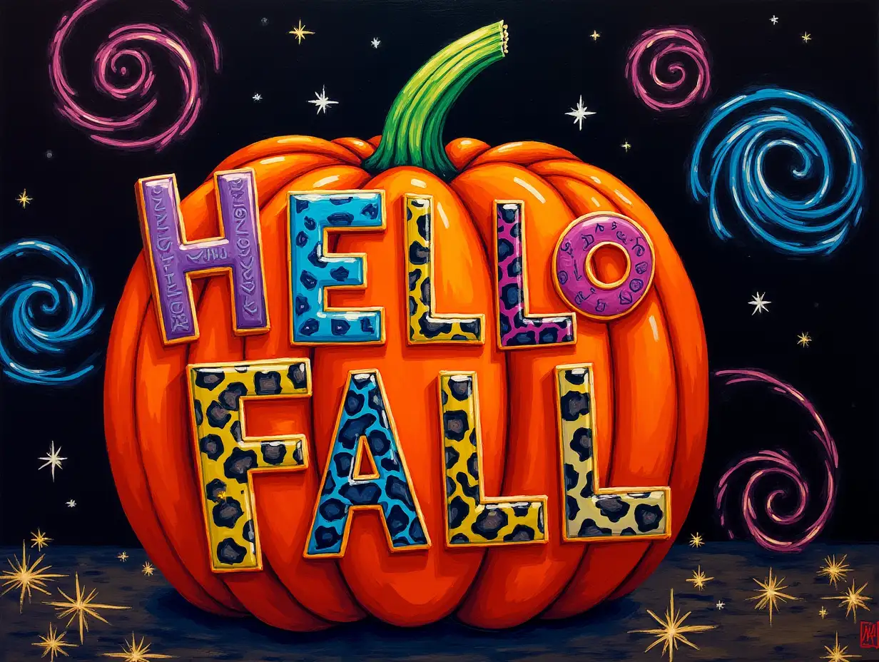 Oil painting, neon. A vibrant, 3D pumpkin with a leopard print pattern, surrounded by swirling swirls and sparkling stars. The word 'HELLO FALL' is written in bold, colorful letters, with each letter having a unique and playful style. The overall scene is filled with a sense of joy and anticipation for the fall season.