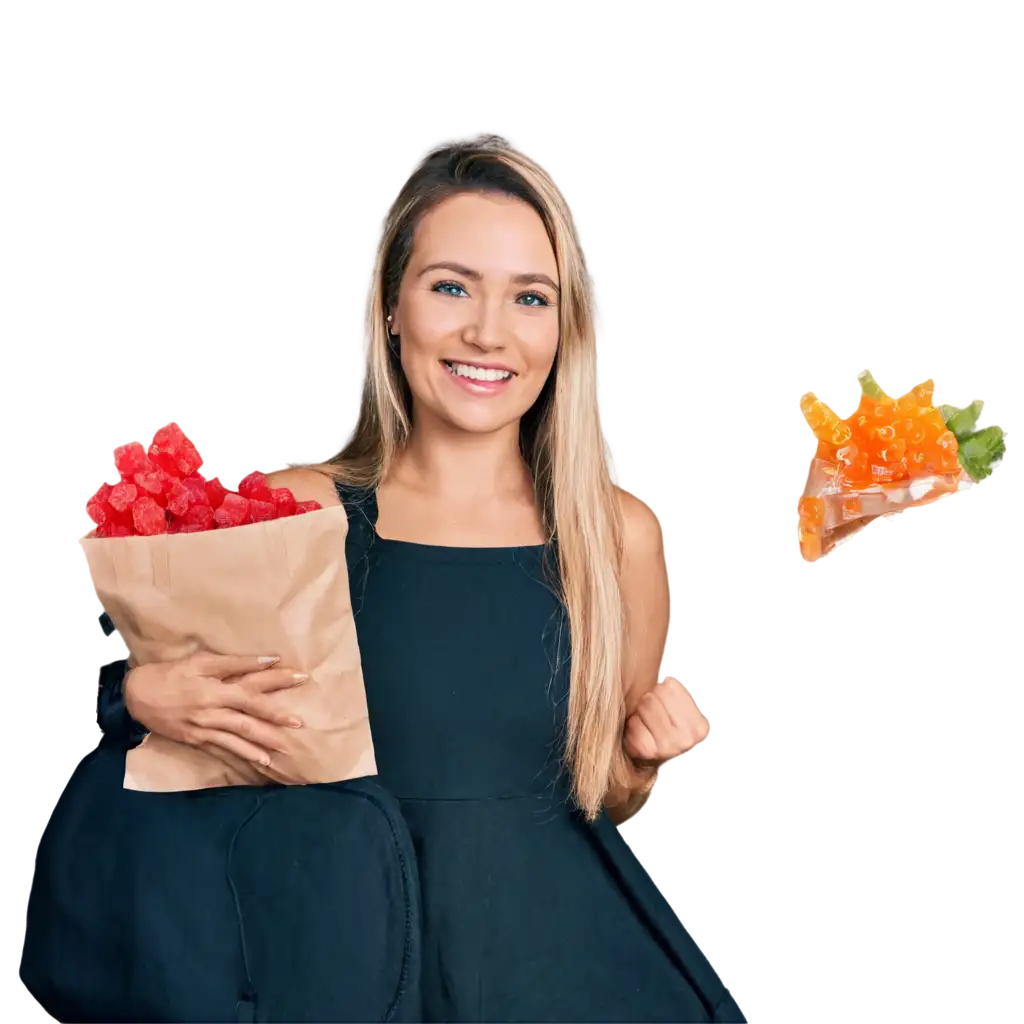 Smiling-Woman-Taking-Gummies-Vibrant-PNG-Image-for-Health-and-Wellness